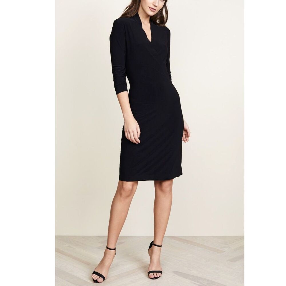 Norma Kamali Black Faux Wrap Dress Women L Long Sleeve Ruched Jersey Stretch